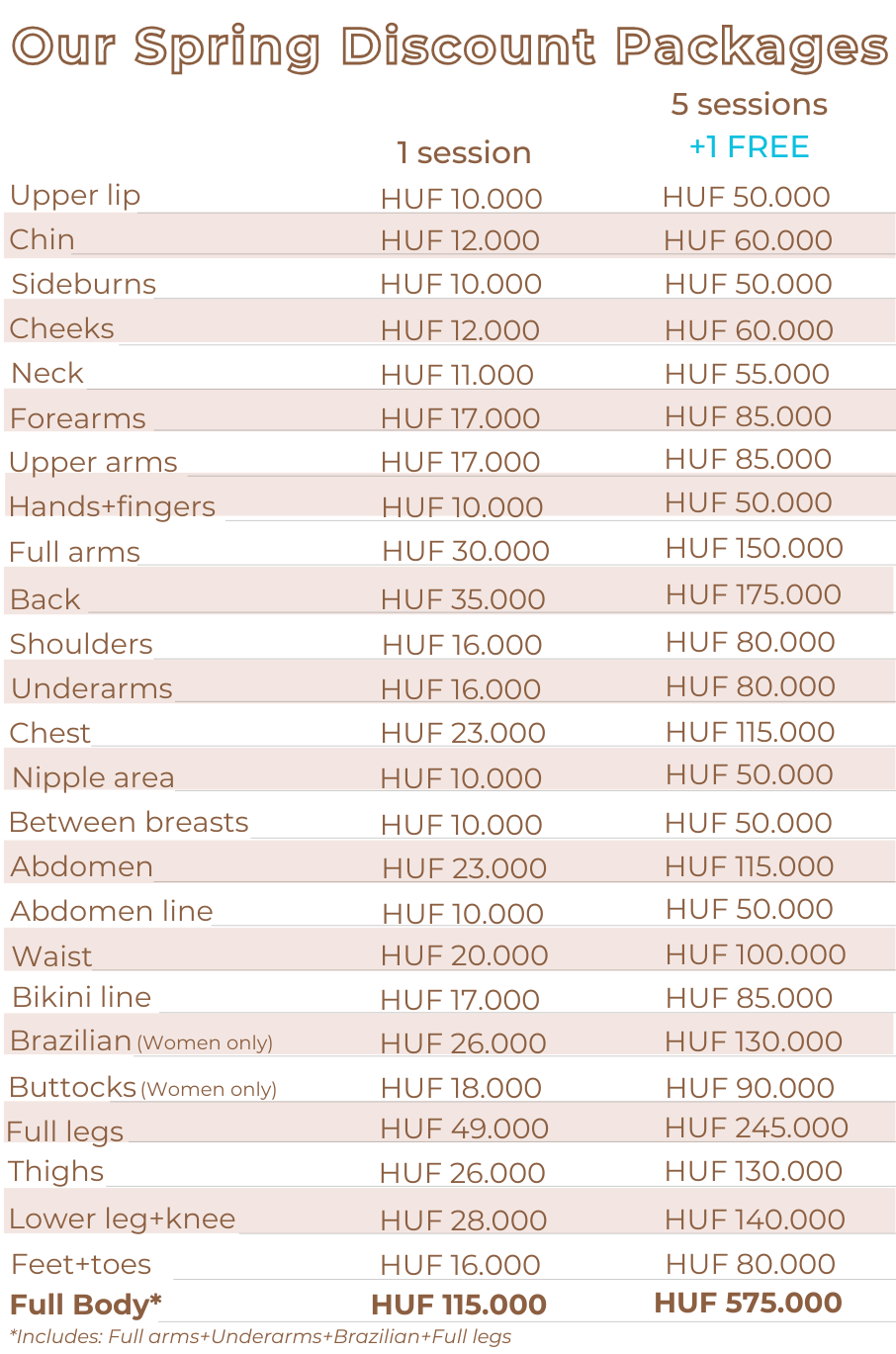 Laser hair removal price list with seasonal offers at a premium beauty clinic